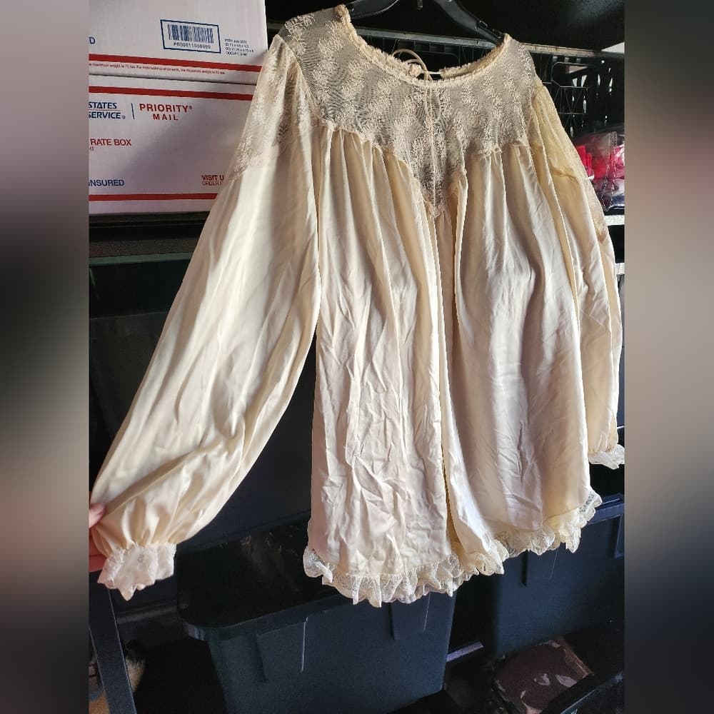 Vintage Cream Ruffled 3/4 Sleeve Bib Collar Chemise - Thumbnail 3