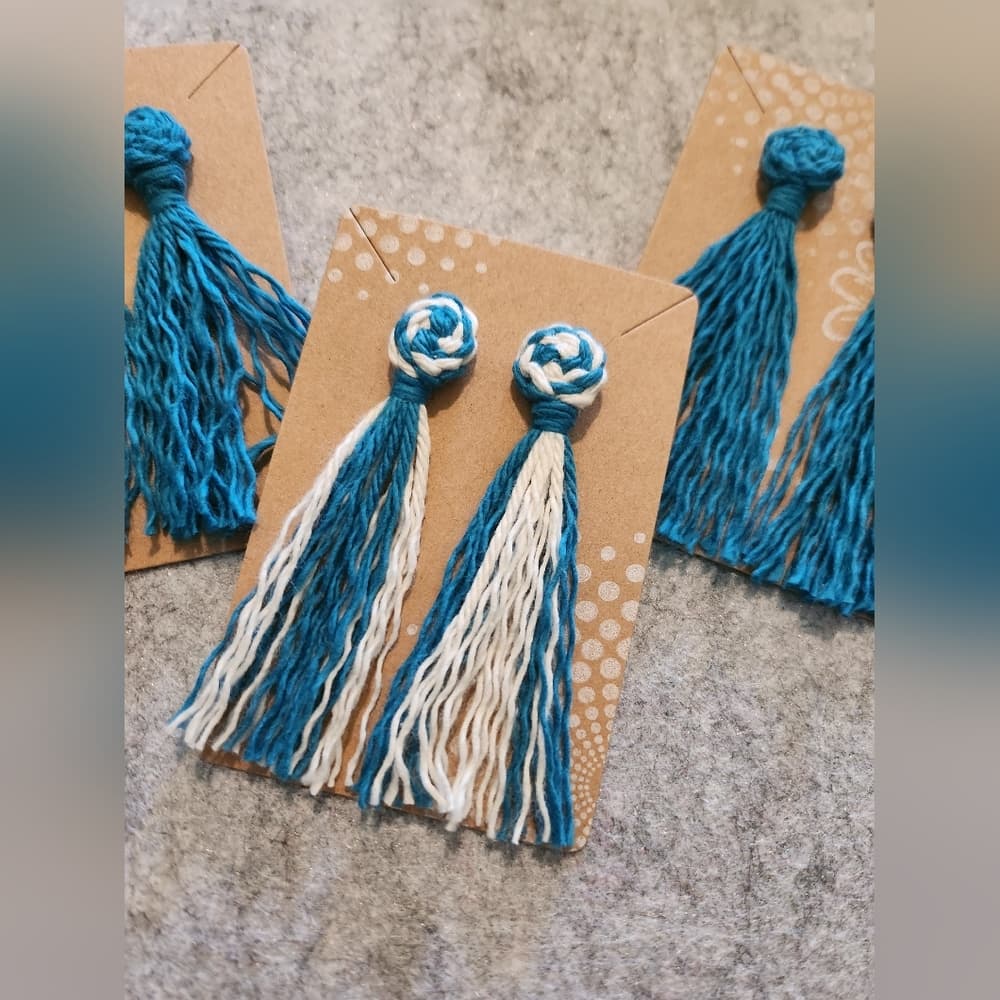 2 For 15- Turquiose Handmade Macrame Pinwheel + Fringe Statement Tassel Earrings - Thumbnail 5
