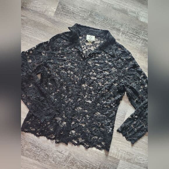 Vintage Ice Black Floral Lace Button Up Blouse 21" Ptp Scalloped Edge - Thumbnail 11