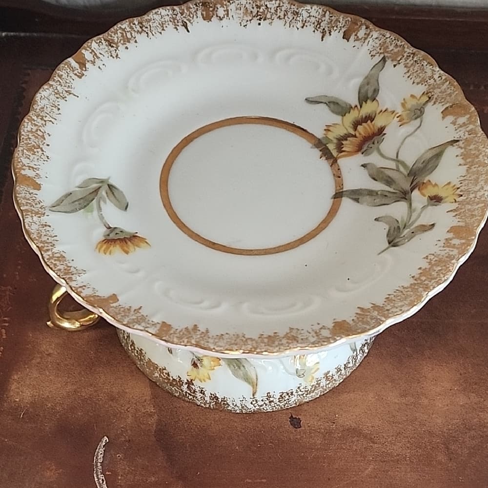 Upcycled Vintage Floral China Pedestal Dish with Gold Accents