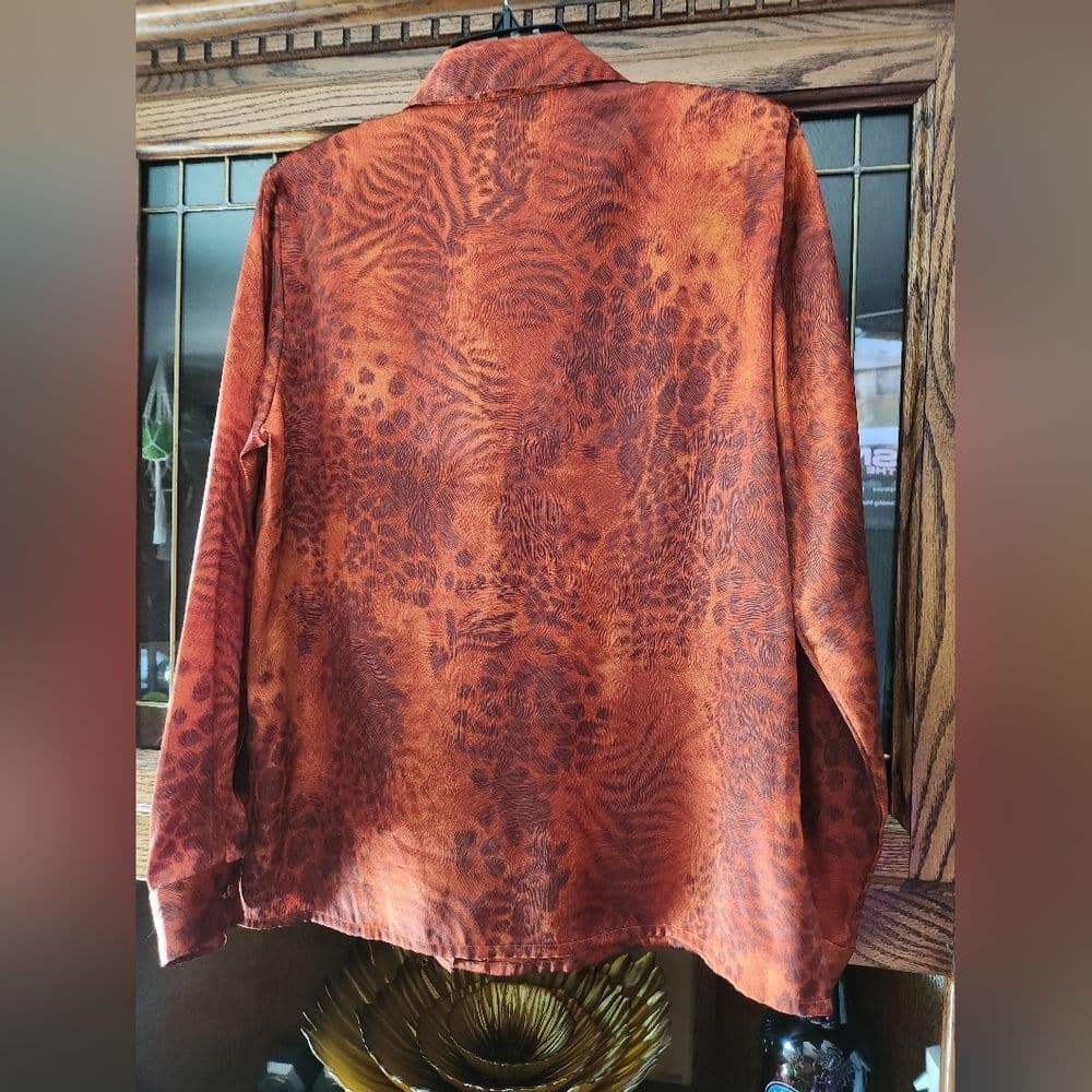 Vintage Burnt Orange Animal Print Polyester Long Sleeve Button Down Shirt - Thumbnail 3