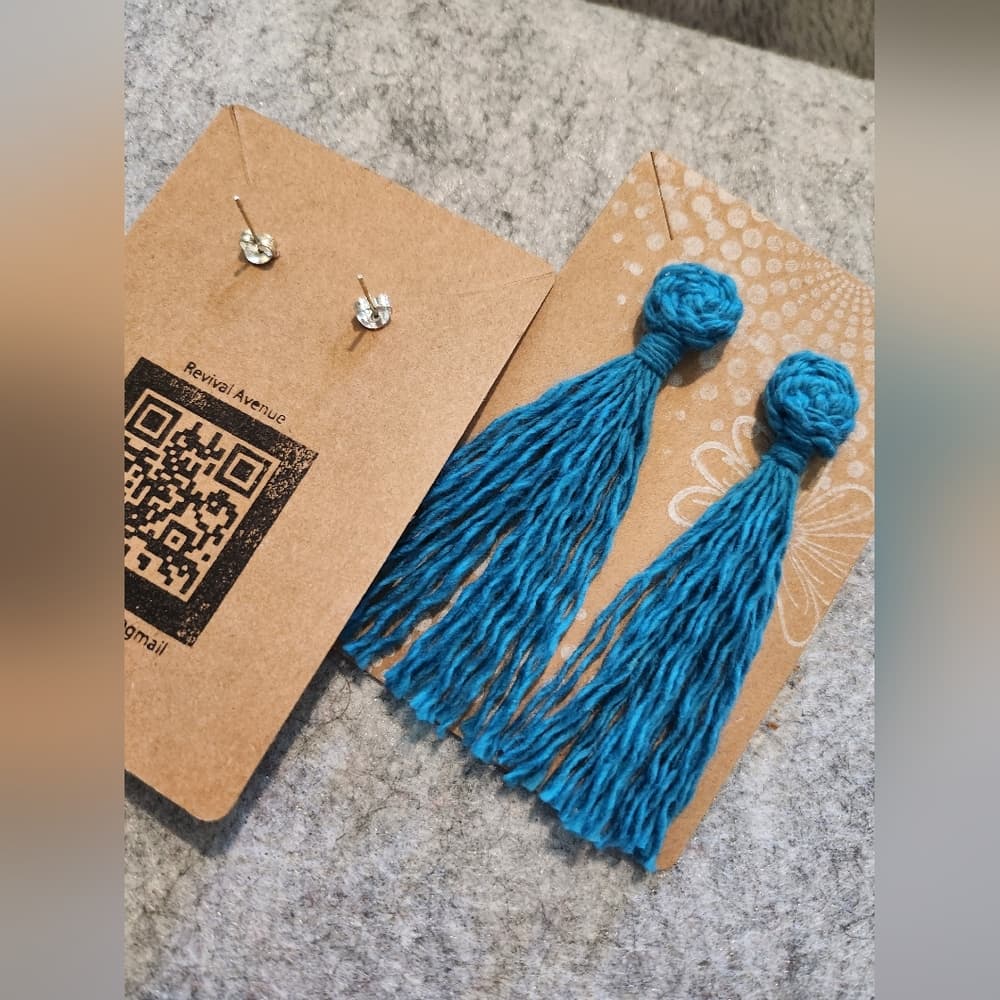 2 For 15- Turquiose Handmade Macrame Pinwheel + Fringe Statement Tassel Earrings - Thumbnail 2