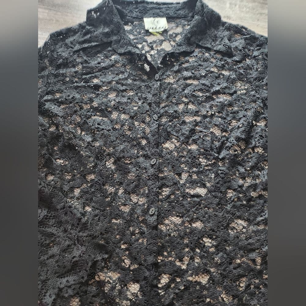 Vintage Ice Black Floral Lace Button Up Blouse 21" Ptp Scalloped Edge - Thumbnail 3