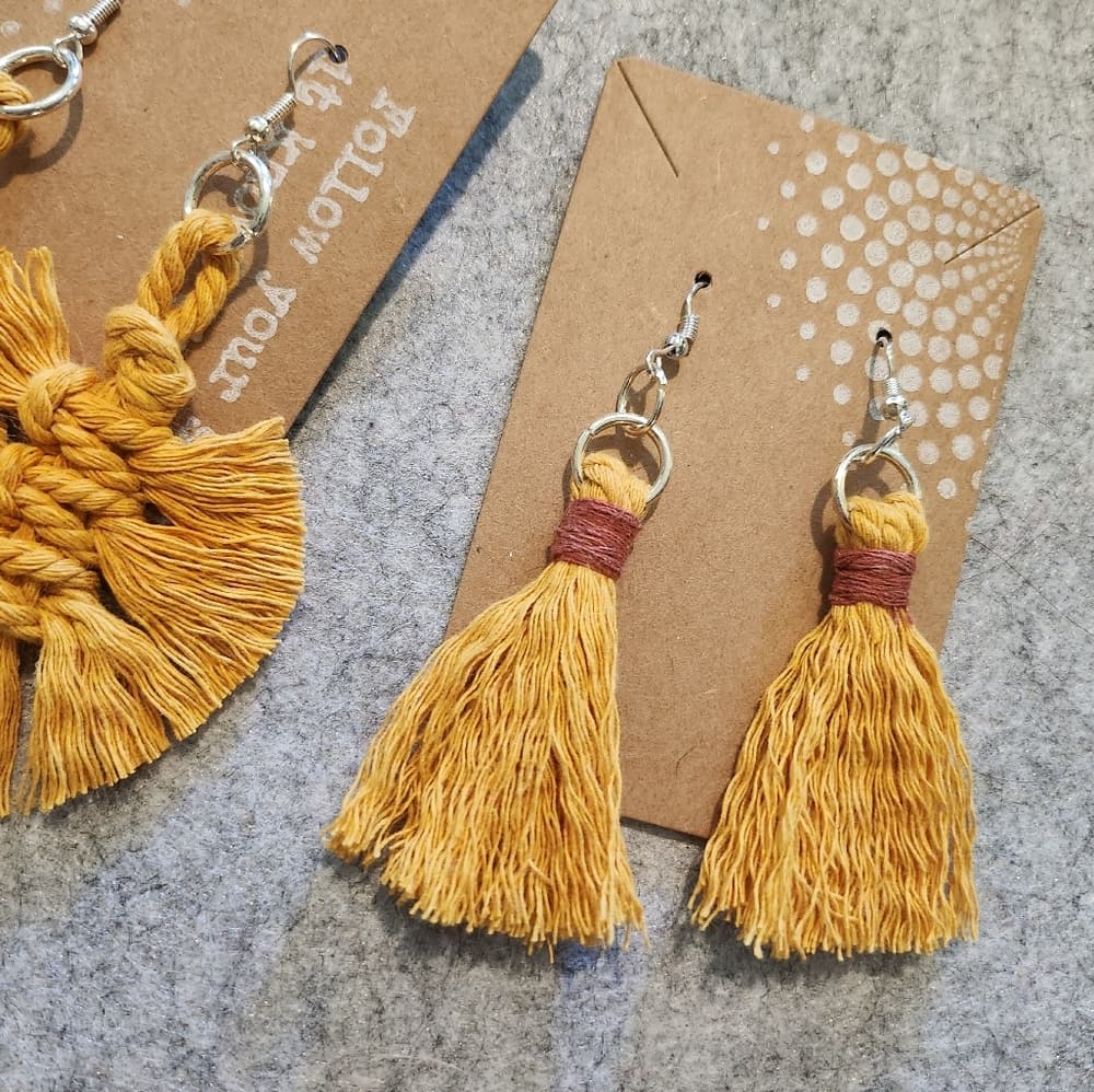 Handmade Two Tone Yellow And Rust Tassel Statement Earrings - Thumbnail 2