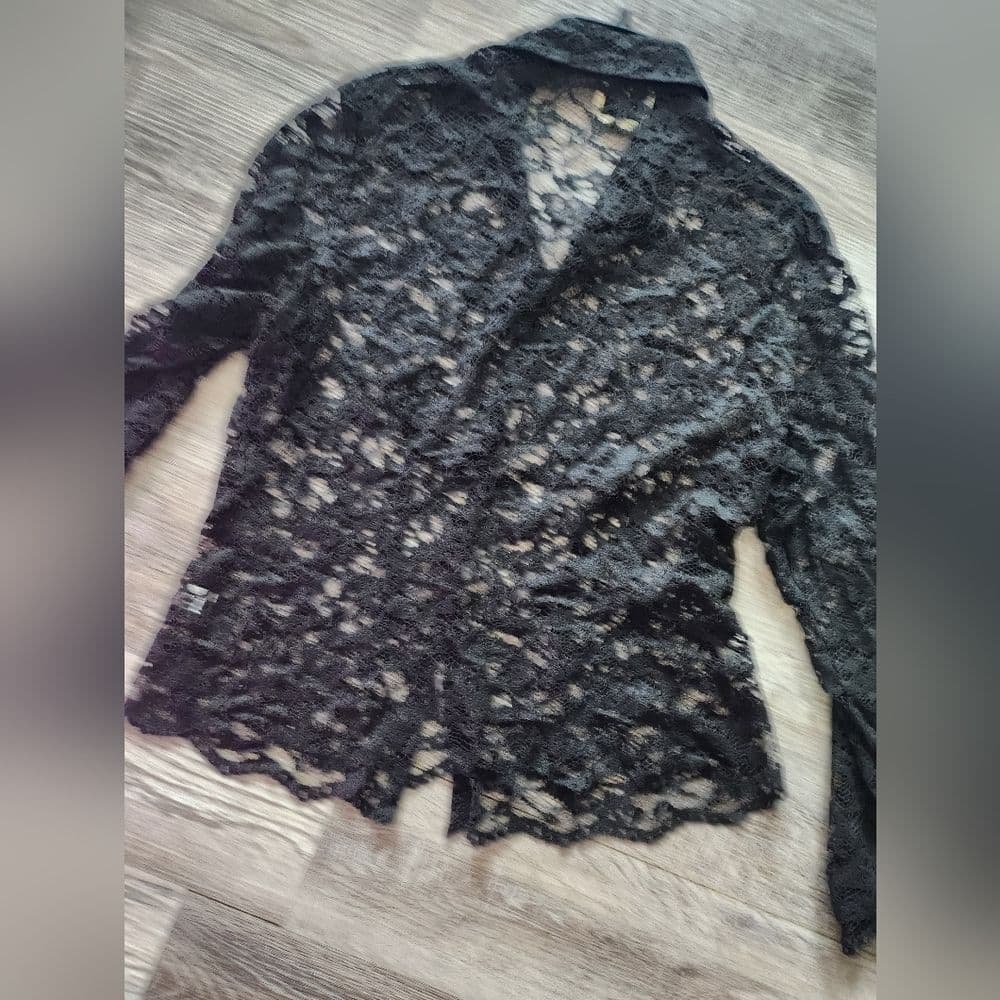 Vintage Ice Black Floral Lace Button Up Blouse 21" Ptp Scalloped Edge - Thumbnail 7