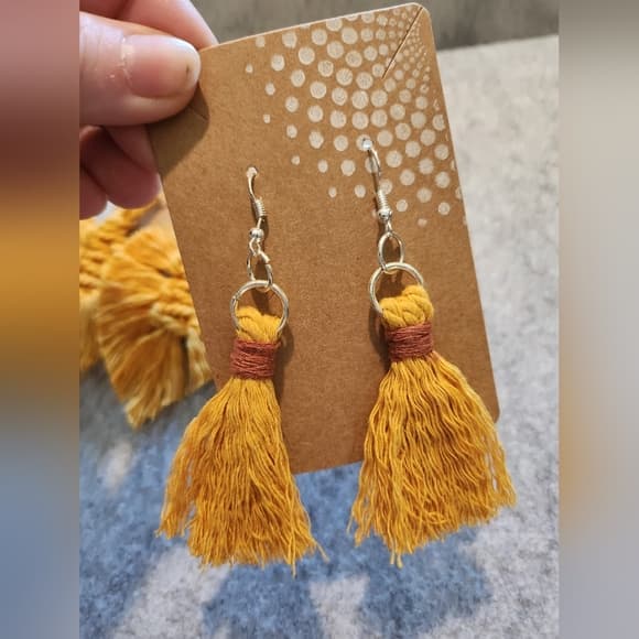 Handmade Two Tone Yellow And Rust Tassel Statement Earrings - Thumbnail 5