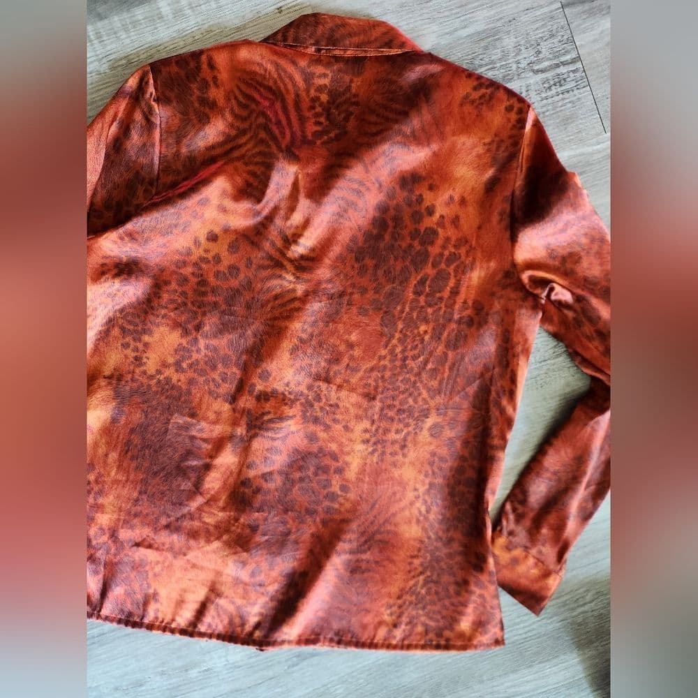 Vintage Burnt Orange Animal Print Polyester Long Sleeve Button Down Shirt - Thumbnail 8