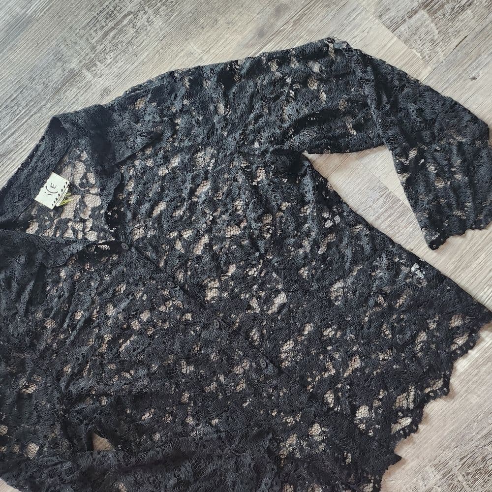 Vintage Ice Black Floral Lace Button Up Blouse 21" Ptp Scalloped Edge - Thumbnail 2