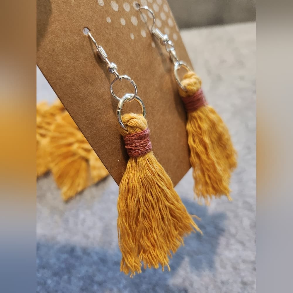 Handmade Two Tone Yellow And Rust Tassel Statement Earrings