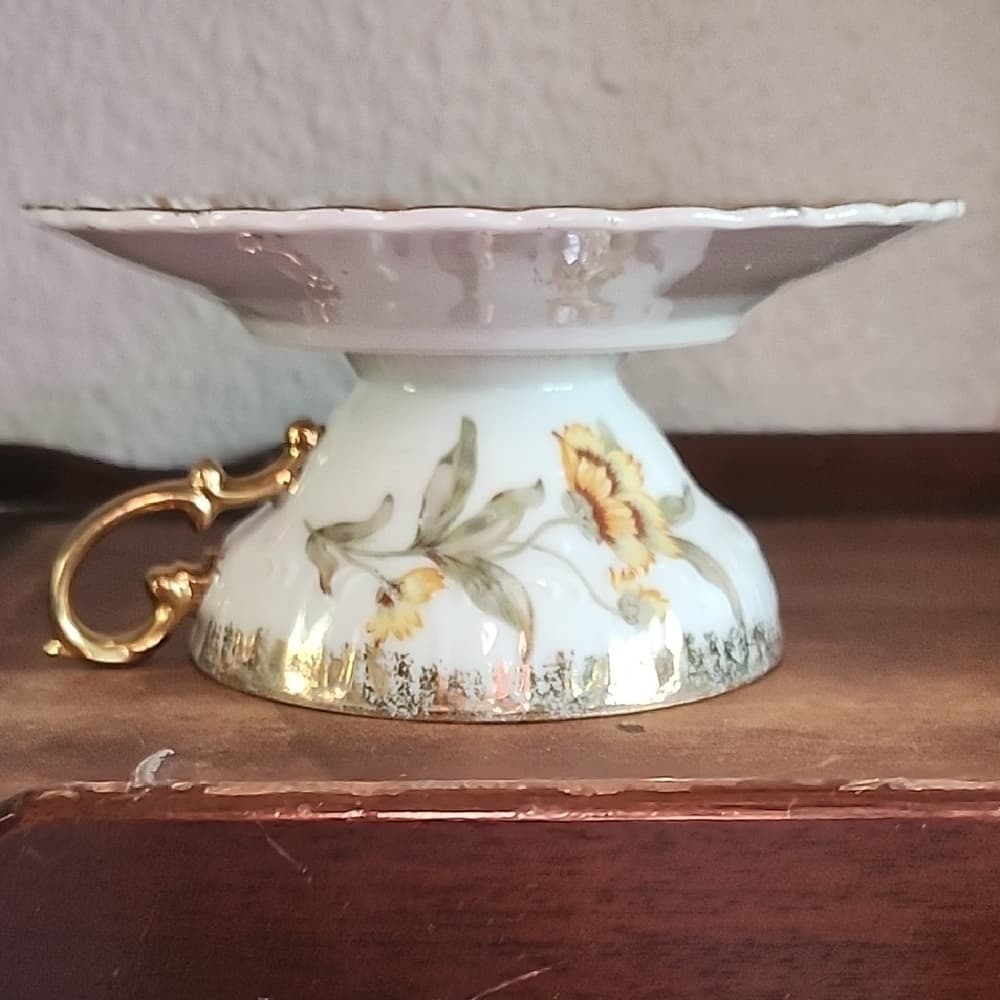 Upcycled Vintage Floral China Pedestal Dish with Gold Accents - Thumbnail 6