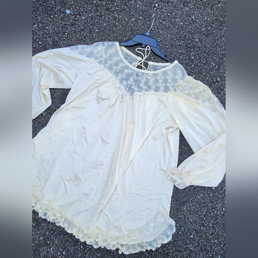 Vintage Cream Ruffled 3/4 Sleeve Bib Collar Chemise - Thumbnail 9