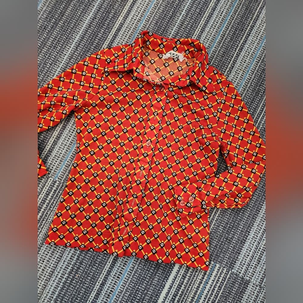 Vintage Red Geometric Patterned Long Sleeve Button Up Blouse - Thumbnail 7