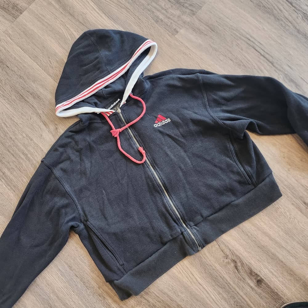 Adidas Black and Red Athletic Zip Up Cropped Hoodie - Thumbnail 8