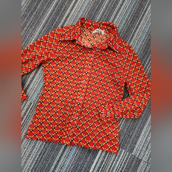 Vintage Red Geometric Patterned Long Sleeve Button Up Blouse - Thumbnail 8