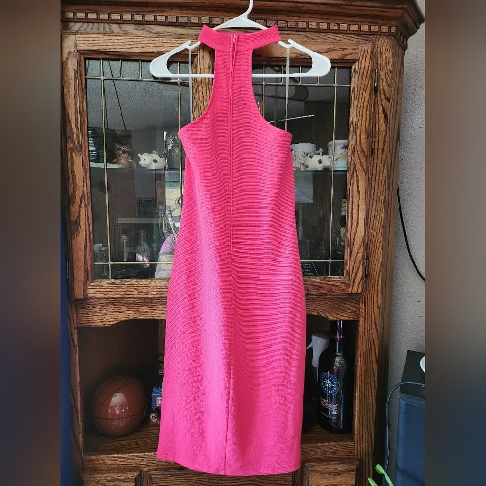 Glare Vibrant Hot Pink Ribbed Sexy Bodycon Dress Open Back - Thumbnail 5