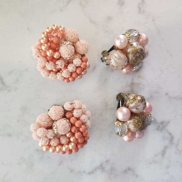 Vintage Acrylic Pink and Gold Beaded Clip On Costume Earrings - Thumbnail 7