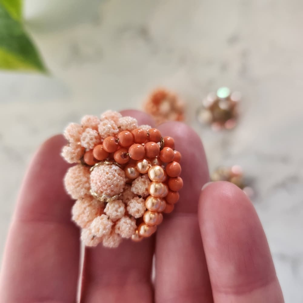 Vintage Acrylic Pink and Gold Beaded Clip On Costume Earrings - Thumbnail 3