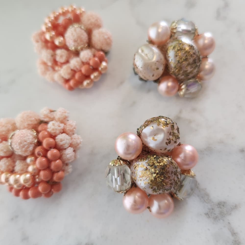 Vintage Acrylic Pink and Gold Beaded Clip On Costume Earrings