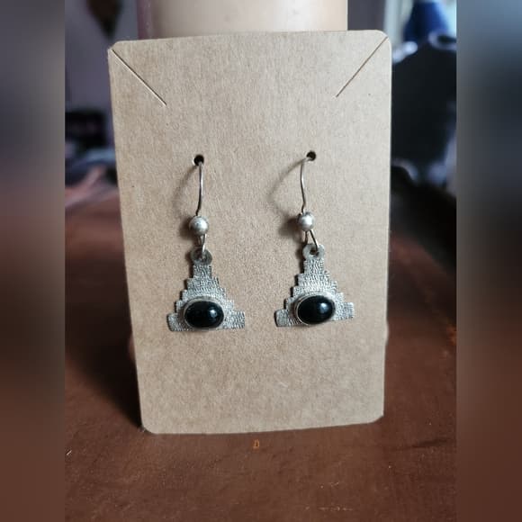 Sterling Silver and Black Onyx Earrings with Southwestern Aztec Design 925 - Thumbnail 6