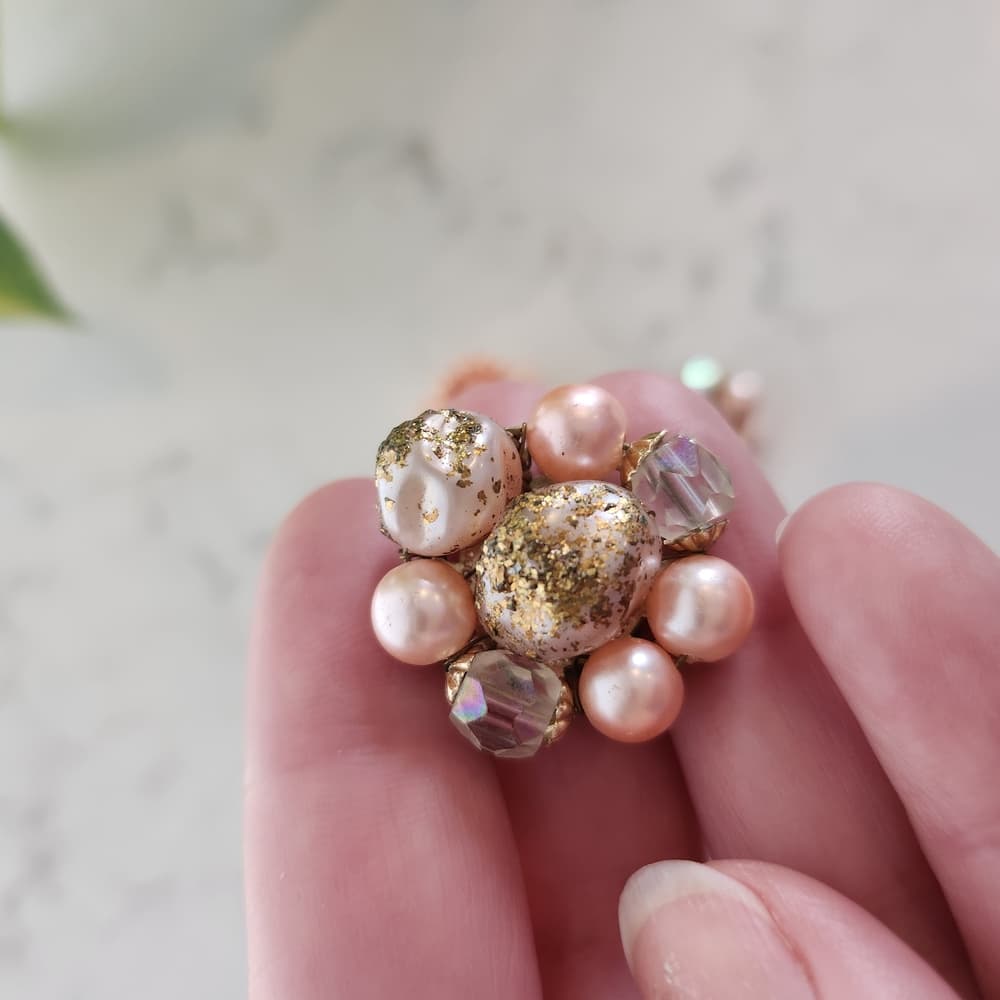 Vintage Acrylic Pink and Gold Beaded Clip On Costume Earrings - Thumbnail 2