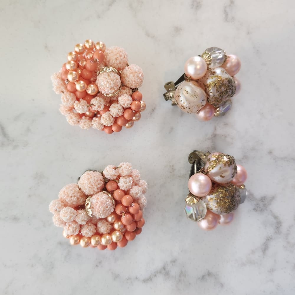 Vintage Acrylic Pink and Gold Beaded Clip On Costume Earrings - Thumbnail 6