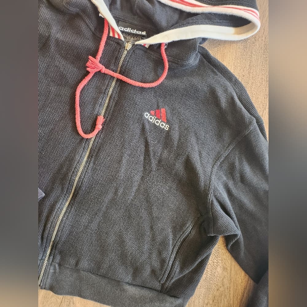 Adidas Black and Red Athletic Zip Up Cropped Hoodie - Thumbnail 2