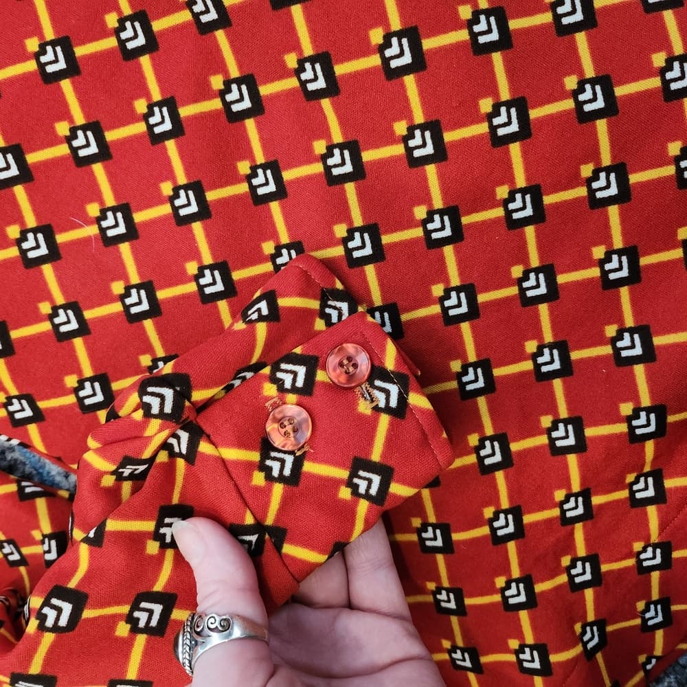 Vintage Red Geometric Patterned Long Sleeve Button Up Blouse - Thumbnail 5