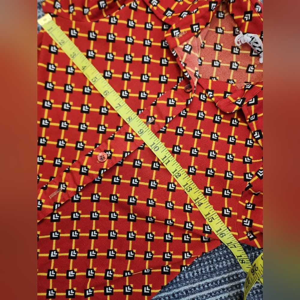 Vintage Red Geometric Patterned Long Sleeve Button Up Blouse - Thumbnail 4