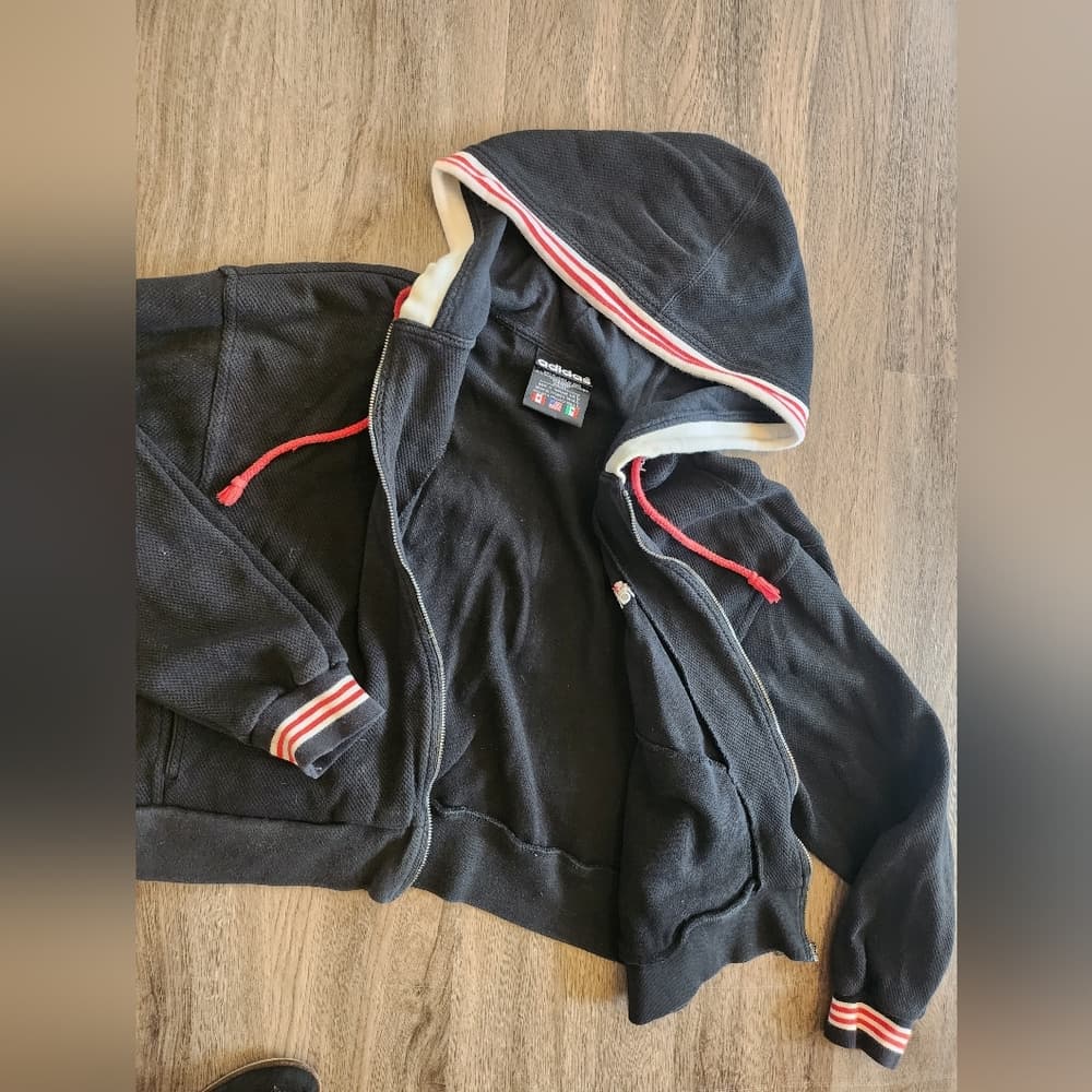 Adidas Black and Red Athletic Zip Up Cropped Hoodie - Thumbnail 6