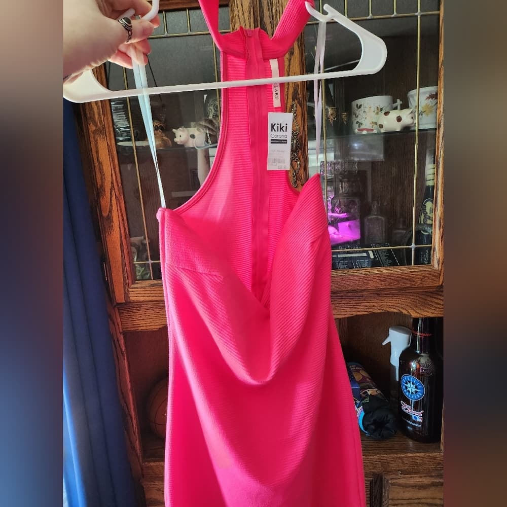 Glare Vibrant Hot Pink Ribbed Sexy Bodycon Dress Open Back - Thumbnail 6