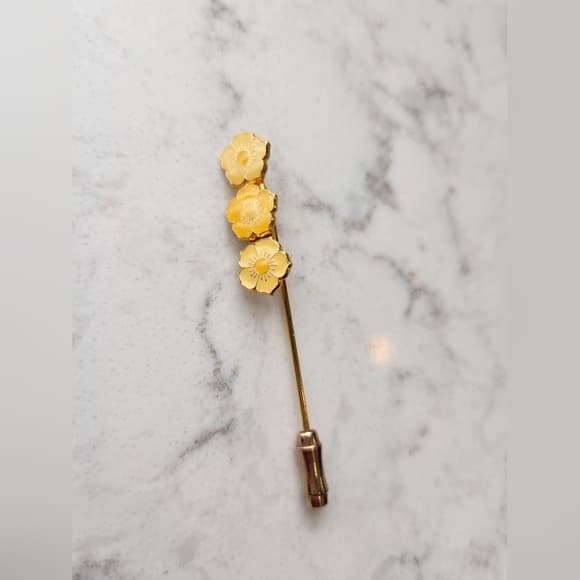 Floral Gold Tone Enamel Flower Brooch Stick Pin - Thumbnail 6