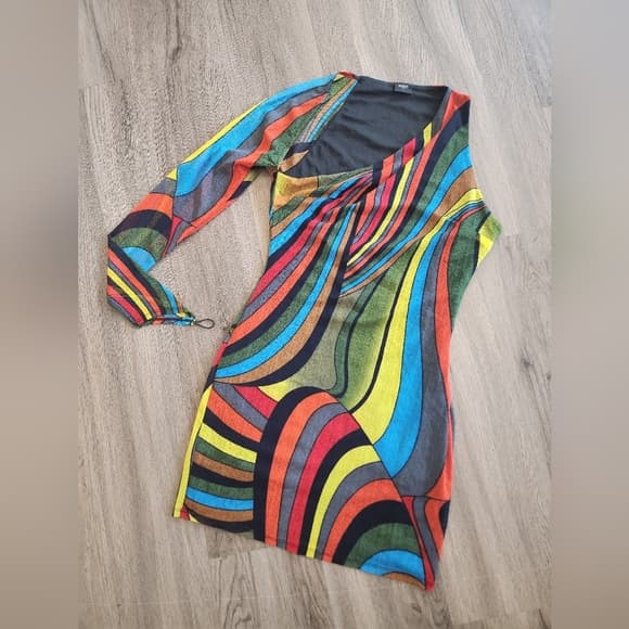 Blanc Multicolor Striped Single Sleeve Coctail Party Dress - Thumbnail 10