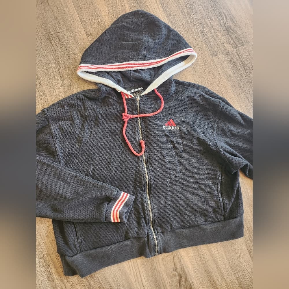 Adidas Black and Red Athletic Zip Up Cropped Hoodie