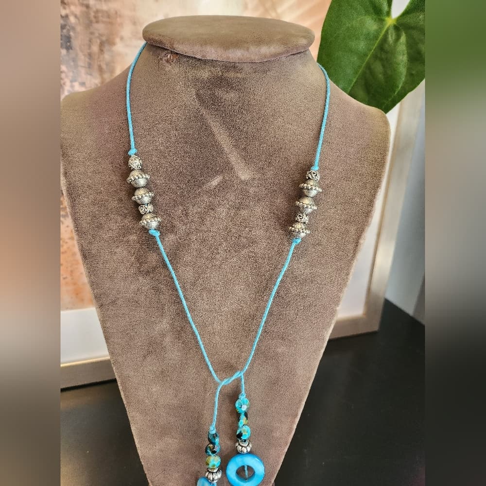 Blue Turquoisw and Silver Artisan Necklace with Beaded Accents Nwt