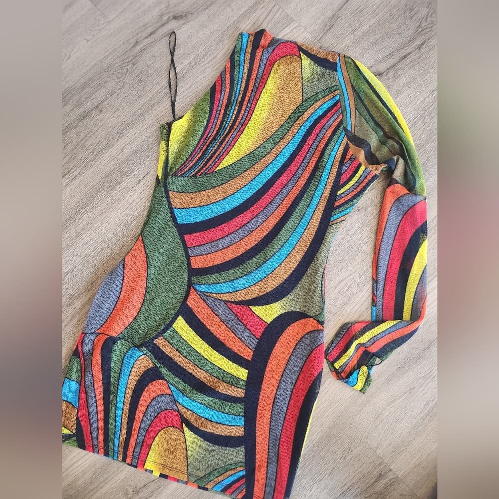 Blanc Multicolor Striped Single Sleeve Coctail Party Dress - Thumbnail 7