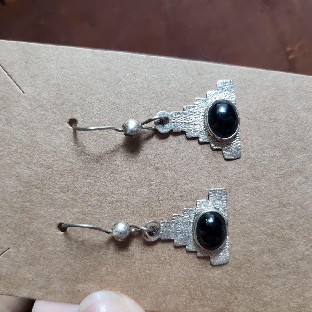 Sterling Silver and Black Onyx Earrings with Southwestern Aztec Design 925