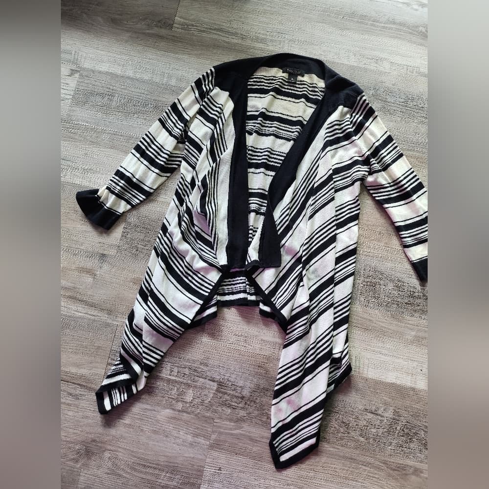 Monochrome Striped Black and White Angled Cardigan Sweater