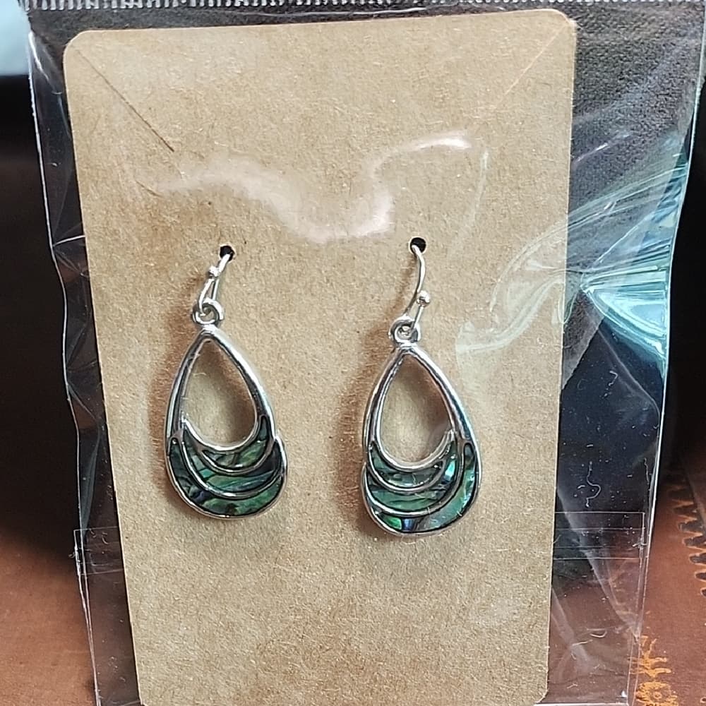 Elegant Silver Tone and Green Abalone Shell Teardrop Earrings