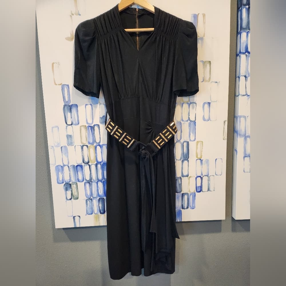 Vintage 1930s Black Crepe Midi Dress Wrap Style front With Belt - Thumbnail 16