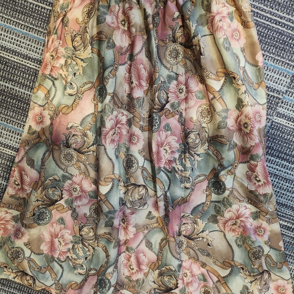 Vintage Floral Print Polyester Skirt Muave and Green 1980s - Thumbnail 4