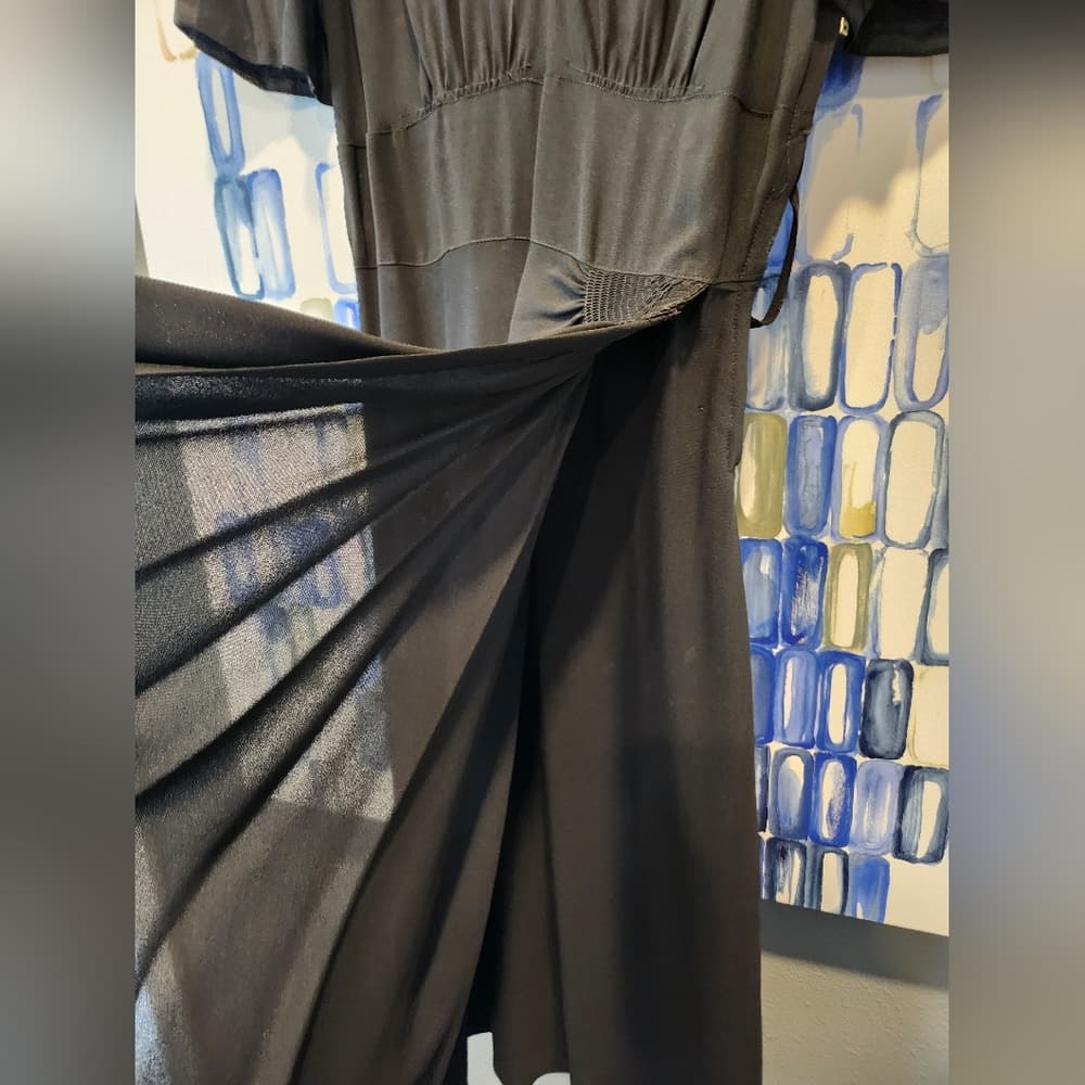 Vintage 1930s Black Crepe Midi Dress Wrap Style front With Belt - Thumbnail 7