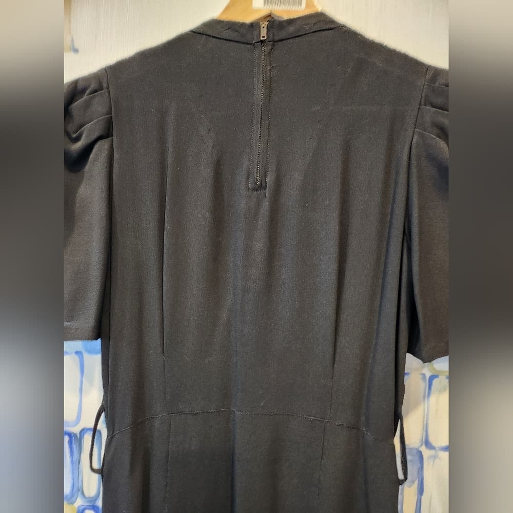 Vintage 1930s Black Crepe Midi Dress Wrap Style front With Belt - Thumbnail 12