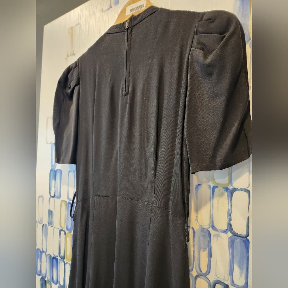 Vintage 1930s Black Crepe Midi Dress Wrap Style front With Belt - Thumbnail 11