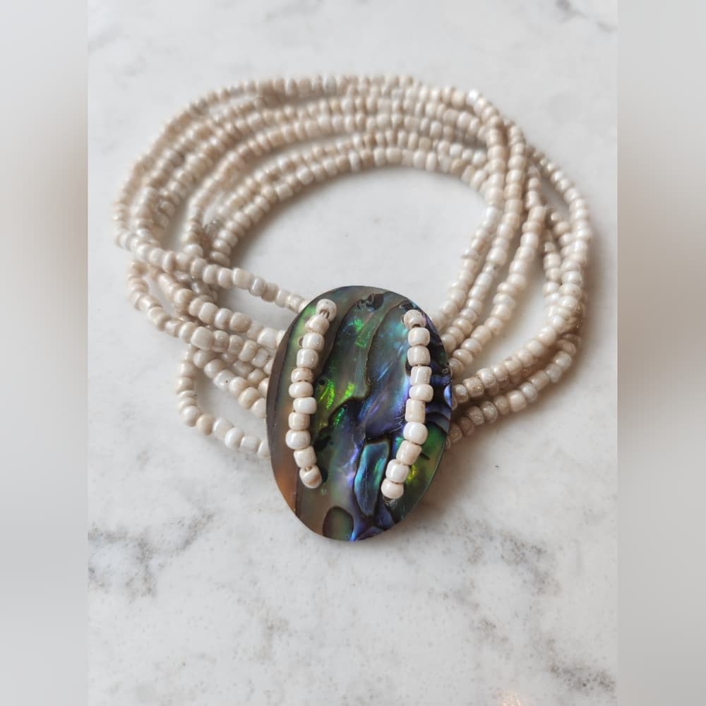 Pretty Beaded Stretchy Abalone Shell with Multi Strand Cream Sead Beads - Thumbnail 2
