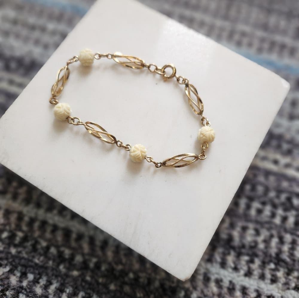 Vintage Gold Tone Filigree Faux Ivory Carved Rose Flower Bracelet