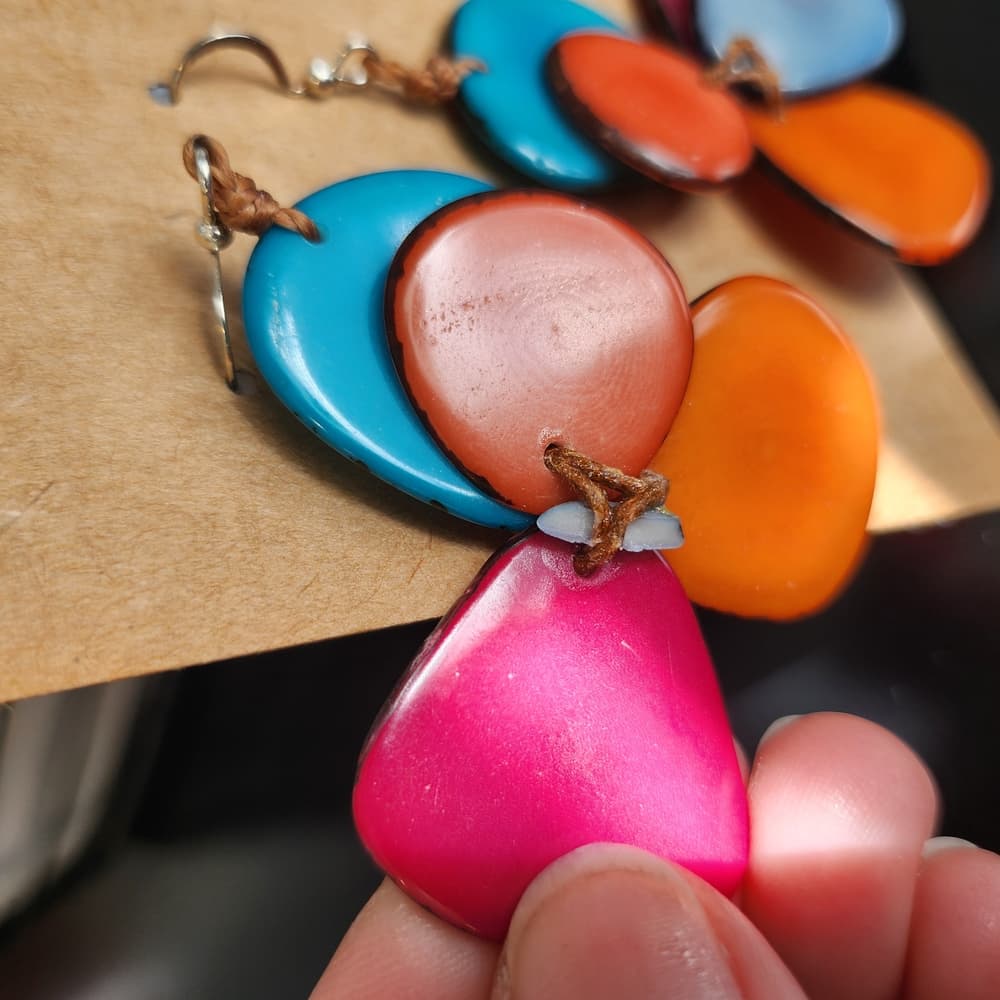 Colorful Dangle Shell And Leather Earrings - Thumbnail 5