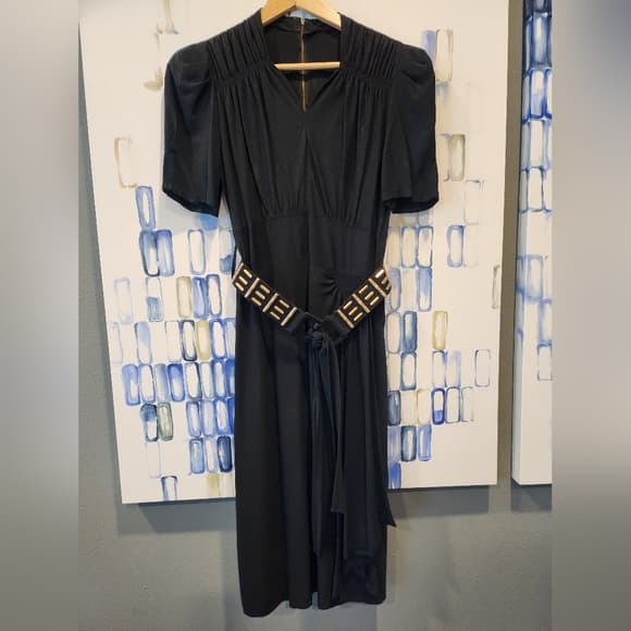 Vintage 1930s Black Crepe Midi Dress Wrap Style front With Belt - Thumbnail 17