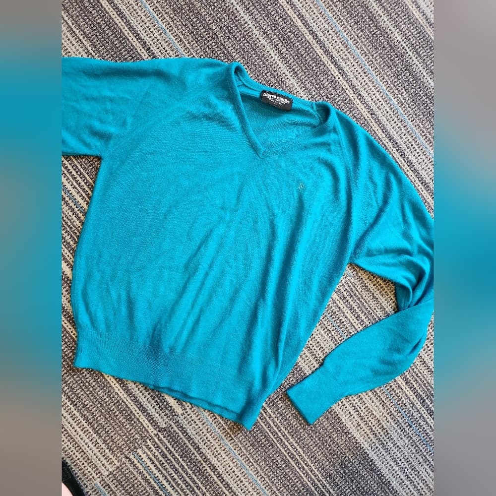 Vintage Pierre Cardin Teal Soft V Neck Pullover Sweater - Thumbnail 6
