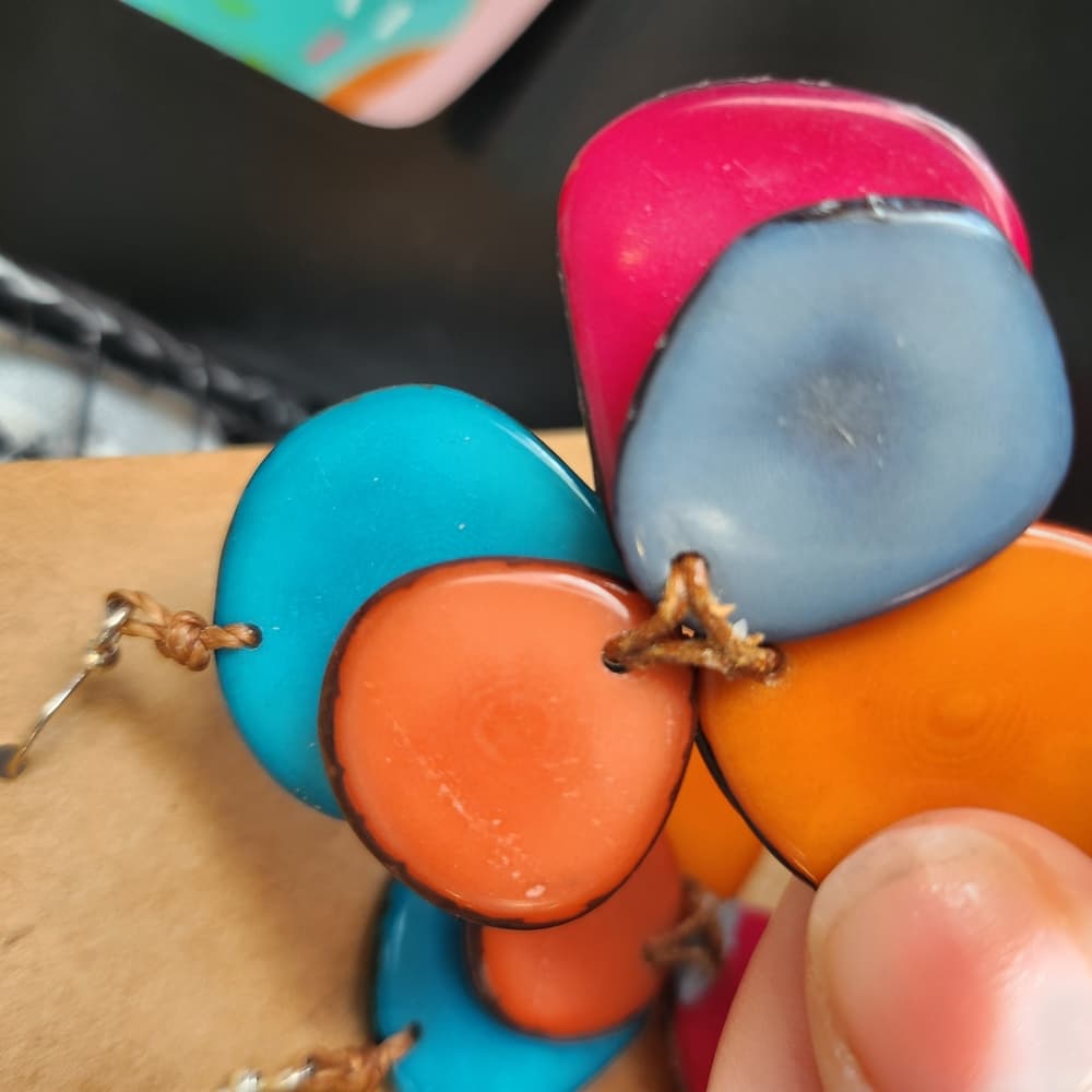 Colorful Dangle Shell And Leather Earrings - Thumbnail 4