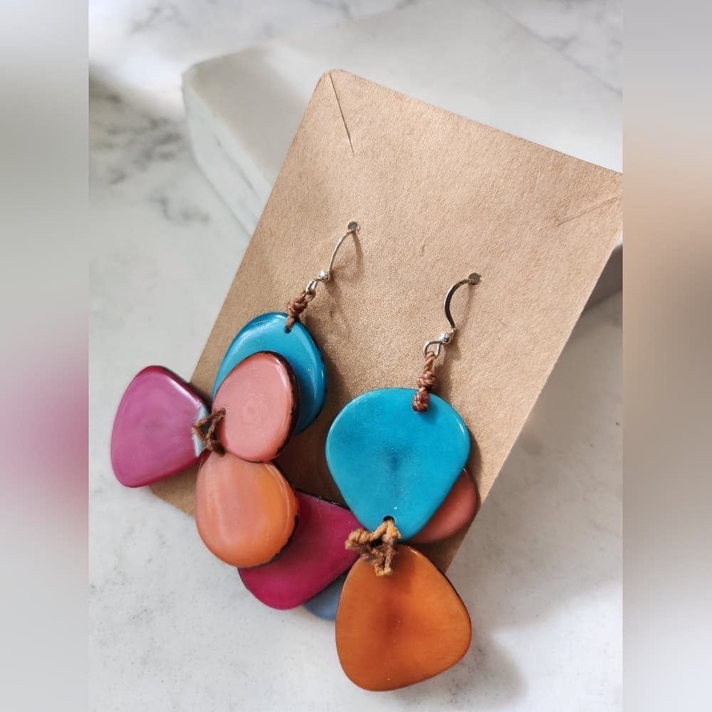 Colorful Dangle Shell And Leather Earrings - Thumbnail 7